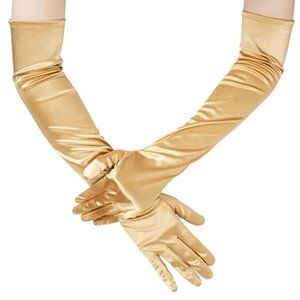 Gold super long nylon satin Opera formal gloves. One size fits most. NEW